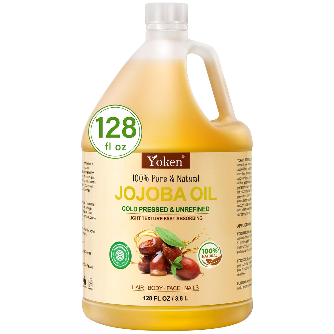 Yoken 1 Gallon Jojoba Oil Ewg Verified - 100% Pure Jojoba Oils Bulk Cold Pressed Unrefined Hexane Free Virgin Golden Jojoba Carr