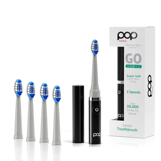 Pop Sonic Electric Toothbrush (Black + 4 Brush Heads) - Travel Toothbrushes w/AAA Battery | Kids Electric Toothbrushes with 2 Speed & 15,000-30,000 Strokes/Minute, Dupont Nylon Bristles