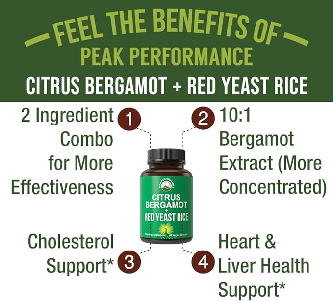 Citrus Bergamot + Red Yeast Rice. 2-in-1 Supplement. High Strength 10:1 Bergamot Extract. No Gluten, Zero Sugar, Vegan Capsules