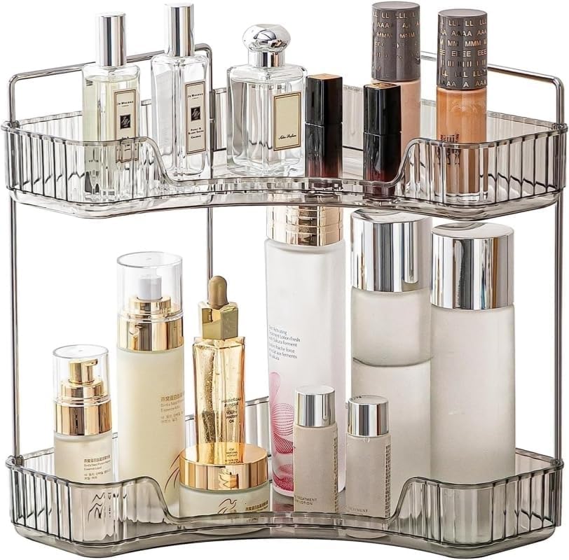 Corner Bathroom Vanity Organiser - Skincare Makeup Organiser Shelf, 2 Tier Grey Counter Shelf for Cosmetics, Toiletries, Lotions, Perfumes