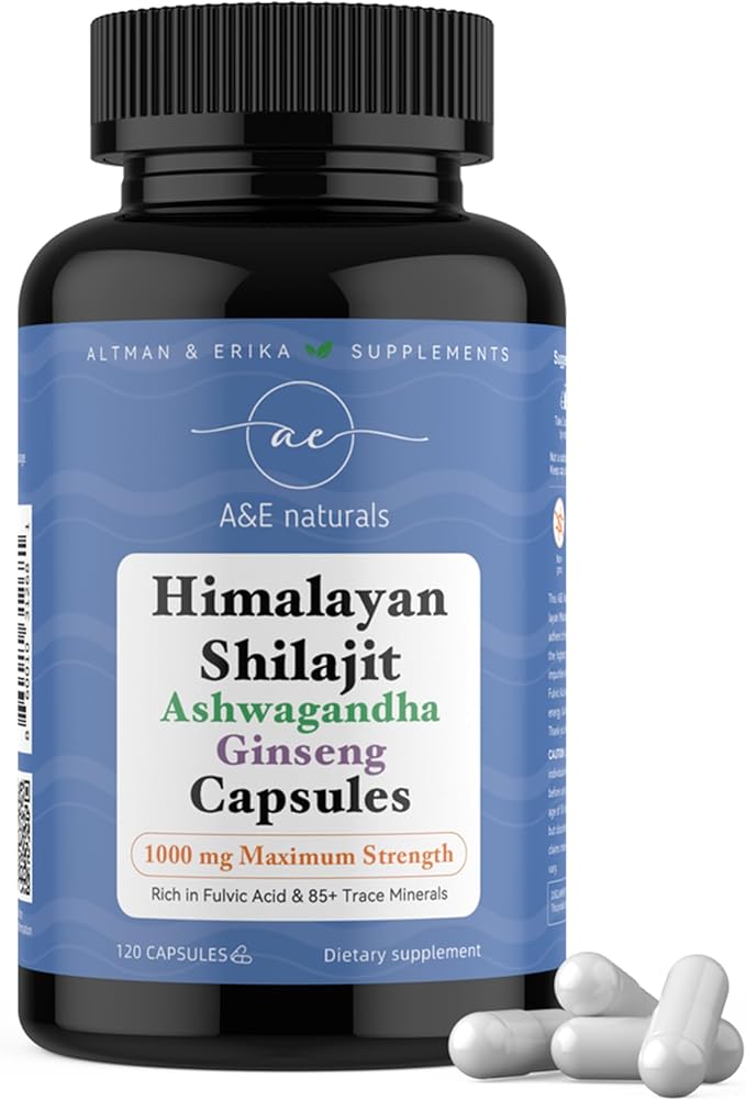 Altman & Erika A&E Naturals Pure Himalayan Shilajit Capsules Combo with Ginseng & Ashwagandha Maximum Potency and Organic Rich in Fulvic Acid & Over 85 Trace Minerals for Enhanced Energy -120 Count