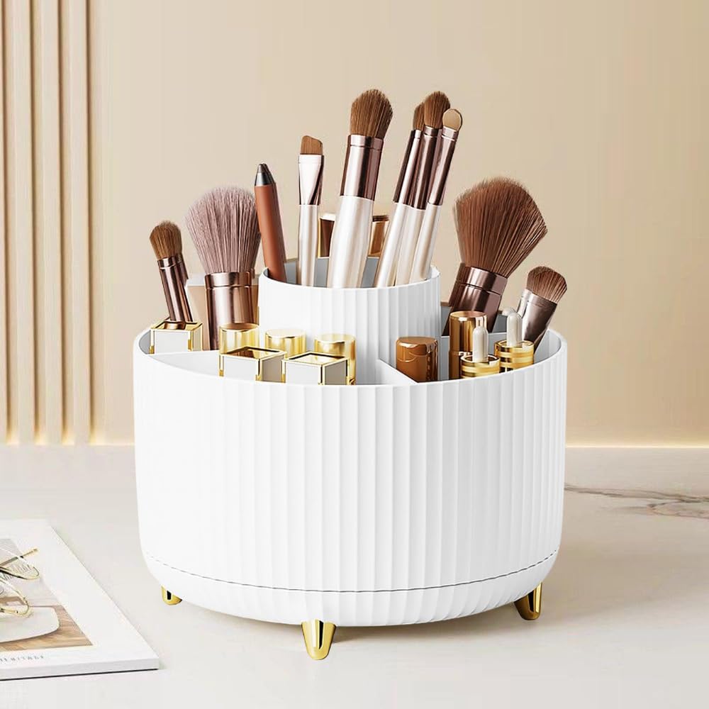 360° Rotating Makeup Organiser with 5 Compartments – Multi-Use Cosmetic Brush Holder and Desk Storage Container for Makeup, Jewelry, Stationery – Anti-Slip Base, Durable Design for Bedroom, (White)