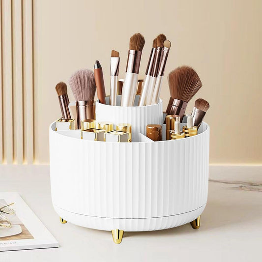 360° Rotating Makeup Organiser with 5 Compartments – Multi-Use Cosmetic Brush Holder and Desk Storage Container for Makeup, Jewelry, Stationery – Anti-Slip Base, Durable Design for Bedroom, (White)