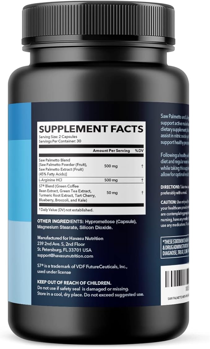 Saw Palmetto 500mg and L-Arginine 500 mg - Prostate Health and Nitric Oxide Supplements for Men - 60 Count - Urinary Function Support and Endurance for Active Males - Vegan, Non-GMO, 1 Month Supply