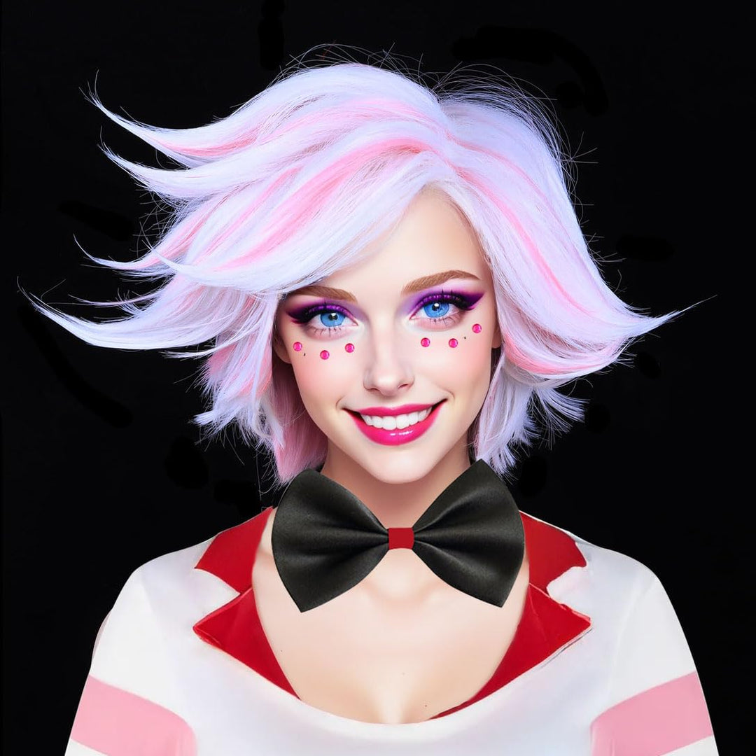 FantaLook Short White and Pink Cosplay Wig for Women Halloween Costume