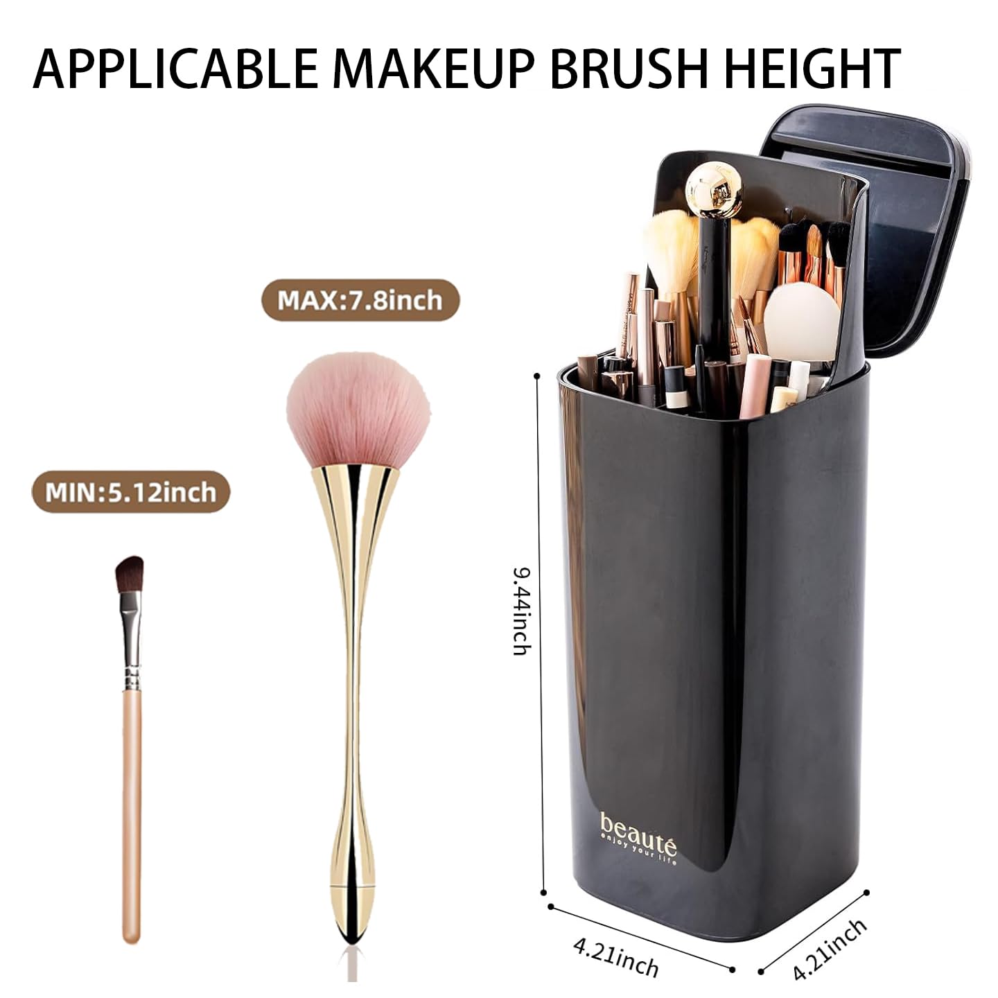 ACSTORi Makeup Brushes Organizer With Portable Covered Cap Waterproof Dustproof Manual Press Lift Makeup Brush Holder With Lid For Vanity Desktop Bathroom Countertop Black