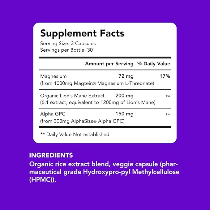 AMANDEAN Brain Health Supplement. Magnesium L-Threonate (Magtein), Lion's Mane Mushroom Extract, Alpha GPC Choline Complex. Nootropic Cognitive Support for Memory, Focus, Clarity. 90 Veggie Capsules.