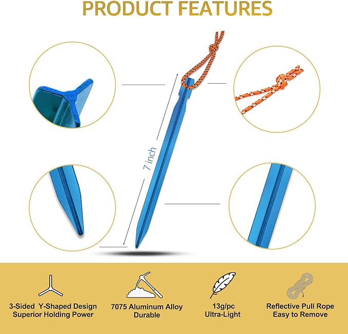 15Pack Tent Stakes, Lightweight Tent Stakes with Pull Rope, 7075 Aluminum Metal Stakes Tent Pegs for Backpacking, Durable Camping Tent Accessories, Blue
