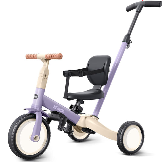 newyoo Toddler Tricycle with Push Handle for 1-3 Year Old, Toddler Bike, Birthday Toy for Boys & Girls, 5 in 1 Kids Trike, Balance Bike with Backrest & Safety Belt, Purple, TR007