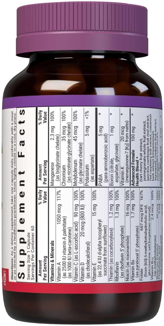 BlueBonnet Nutrition Ladies One Vegetable Capsule, Whole Food Multiple, K2, Organic Vegetable, Energy, Vitality, Non-GMO, Gluten Free, Soy Free, Milk Free, Kosher, 60 Vegetable Capsule, 2 Month Supply