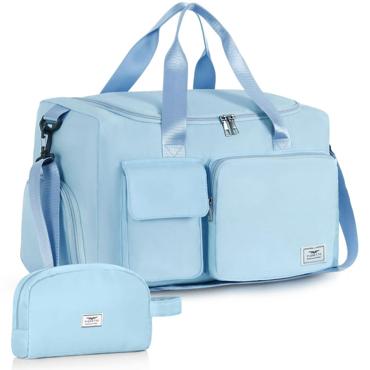 FIORETTO Women's Water-Resistant Gym Duffle Bag with Shoes Compartment, 37L Capacity, Multi-Functional, Ideal for Travel, Gym, Sports, Weekender, with Toiletry Bag, Light Blue