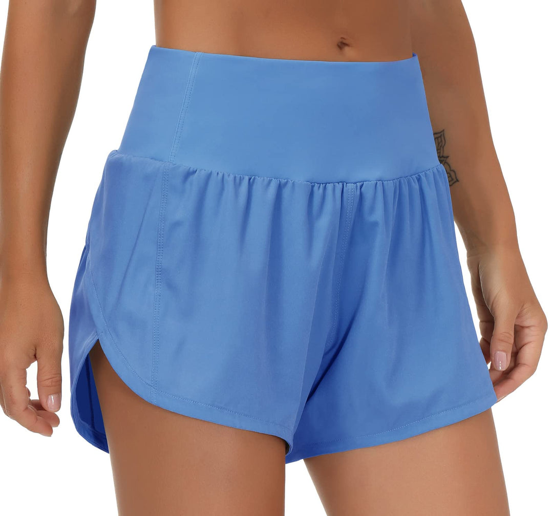 THE GYM PEOPLE Womens High Waisted Running Shorts Quick Dry Athletic Workout Shorts with Mesh Liner Zipper Pockets(Sea Blue, Small)