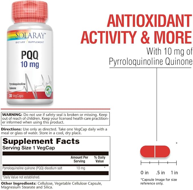 SOLARAY PQQ 10 mg, Pyrroloquinoline Quinone Supplement, Cellular, Heart & Cognitive Function Support, 30 VegCaps