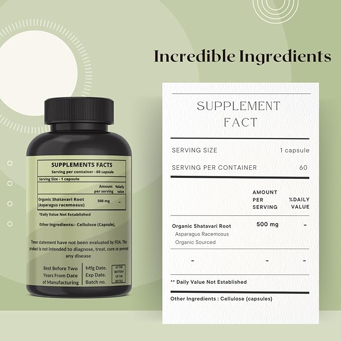 Organic Shatavari Root 500mg (Asparagus racemosus) Menstrual Cramp Relief, Menopause Support, and Women's Health | 120 Capsules | Hormonal Balance Support