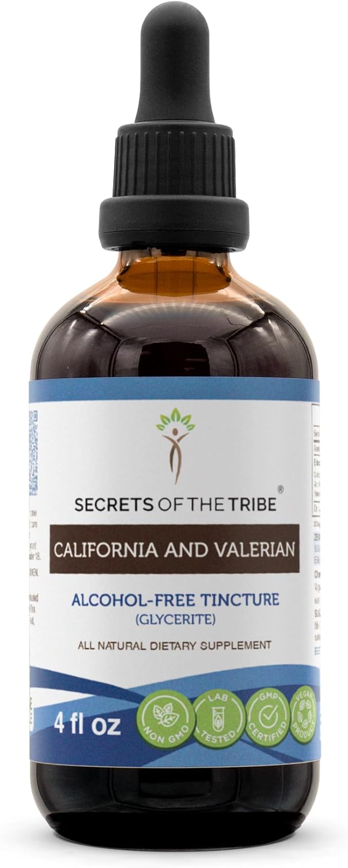 Secrets of the Tribe California and Valerian Alcohol-Free Liquid Extract, Herbs (California Poppy Herb and Flower, Valerian Root) Tincture Supplement (4 FL OZ)