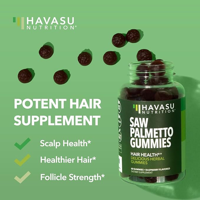 Saw Palmetto for Men Gummies - DHT Blocker Supplement for Hair Health and Male Patterned Balding - 60 Count - Supports Scalp and Prostate Wellness - Raspberry Flavor - Vegan, Non-GMO, 1 Month Supply