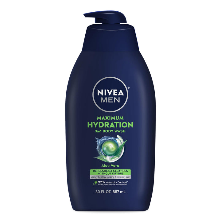 NIVEA MEN Maximum Hydration Body Wash for Dry Skin, Aloe Vera Enriched, 3-in-1 Moisturizing Body Wash, Face and Hair, Paraben Free, Vegan Formula, 30 Fl Oz Bottle