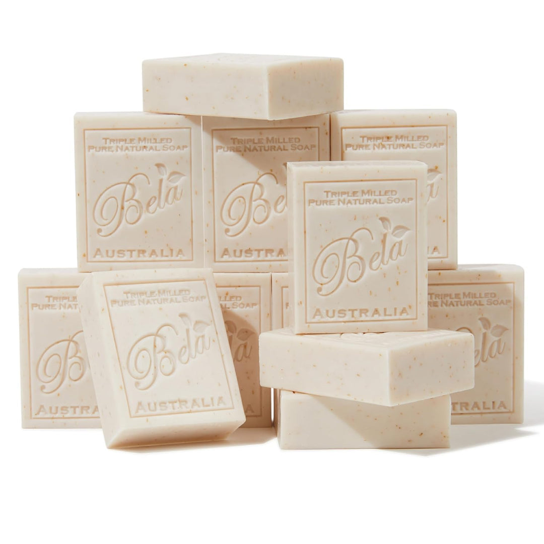 Bela Oatmeal Soap With Milk And Bran 3.3 Oz, Pack Of 12, Long Lasting French Triple Milled Bar Soap With Organic Shea Butter, Ha