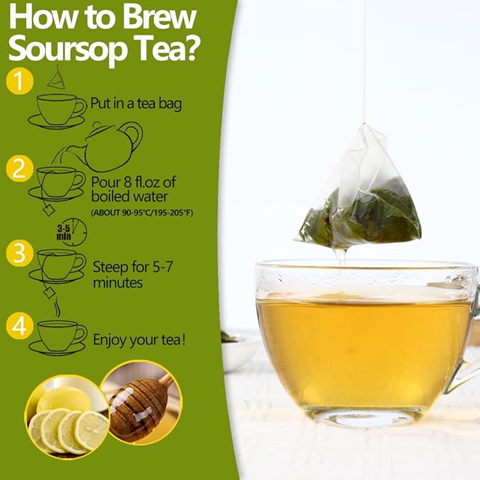 Premium 60 Soursop Tea Bags, Made with 100% Natural Graviola Leaves, Hoja Guanabana Tea, No Additives & Caffeine Free.