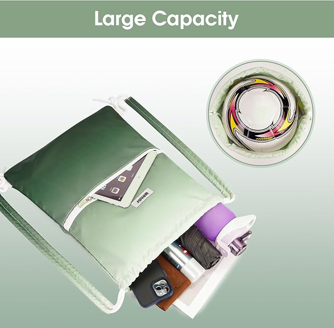 WANDF Drawstring Backpack Sports Gym Bag with Shoulder Pads Water Resistant String Cinch Bag for Women Men (Green Gradient)