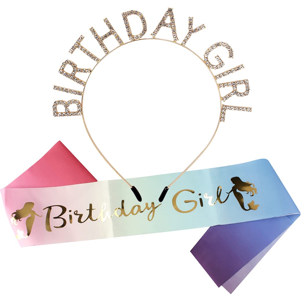 Aoprie Birthday Crown For Women With Mermaid Sash Gold Birthday Tiara For Women Birthday Girl Headband Princess Crown Rhinestone