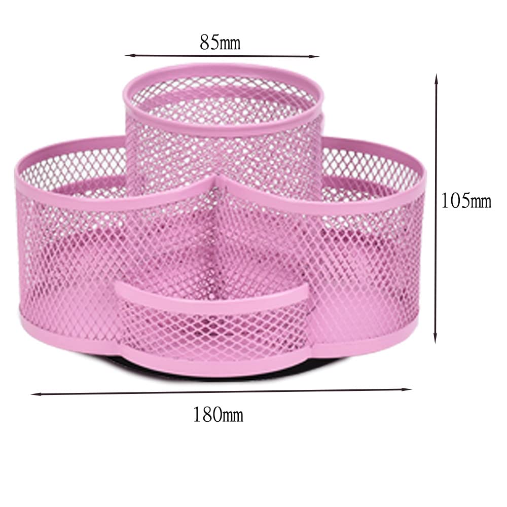 360° Rotation Multi Functional Pen Holder, Mesh Desktop Caddy, Rotating Pencil Holder, High Capacity, with Non Skid Rubber Mat, 7 Compartments, for Office Storage, Dressing Table (Pink)