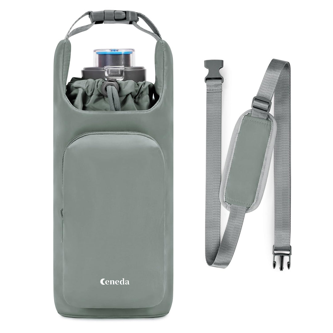 Ceneda Water Bottle Carrier Bag with Phone Pocket 32oz 40oz Tumbler Insulated Water Bottle Holder with Adjustable Shoulder Strap Carrier Sling Bag (Grey)