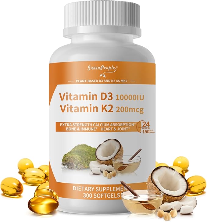Vitamin D3 10,000 IU + K2 (MK-7) 200mcg w/Coconut Oil Softgels | 300-Count 2-in-1 Vegan vitamina d3 con k2 for Bone Health & Immune Support |Enhanced Absorption, Non-GMO, Easy to Swallow