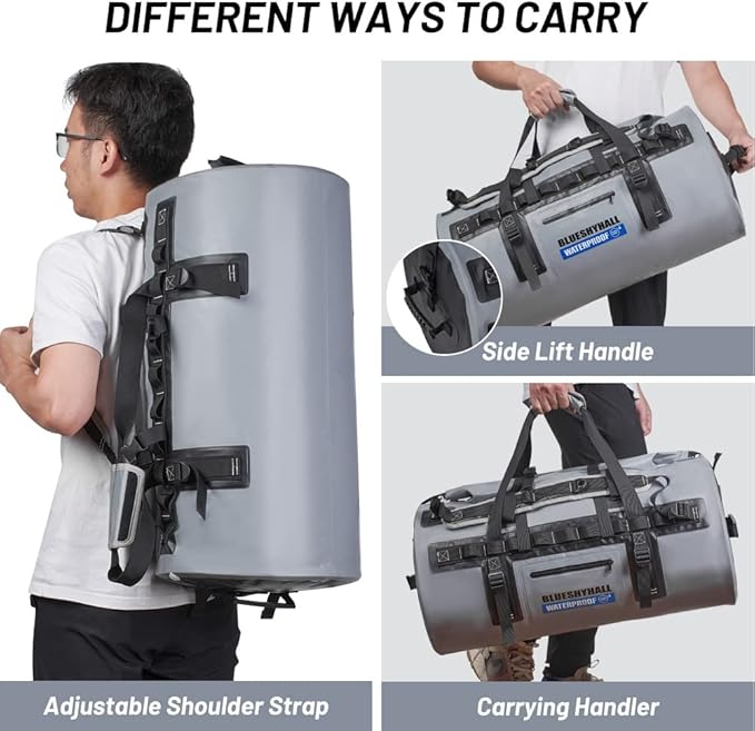 Blueshyhall 60L Waterproof Duffle Bag with Durable Handles Straps, Water Repellent Dry Sack for Motorcycle Paddleboarding Kayaking Canoeing Camping Rafting Boating (Orange)