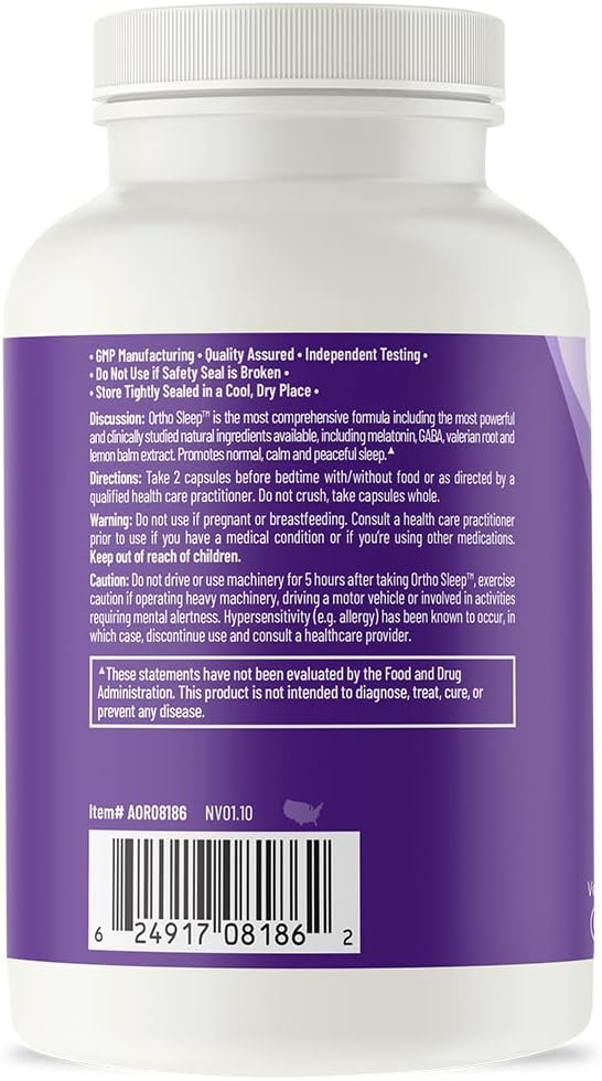 AOR, Ortho Sleep, Improves Overall Sleep & Helps with Jet lag, Natural Supplement with GABA, Melatonin, L-Theanine, Vegan, 30 Servings (60 Capsules)