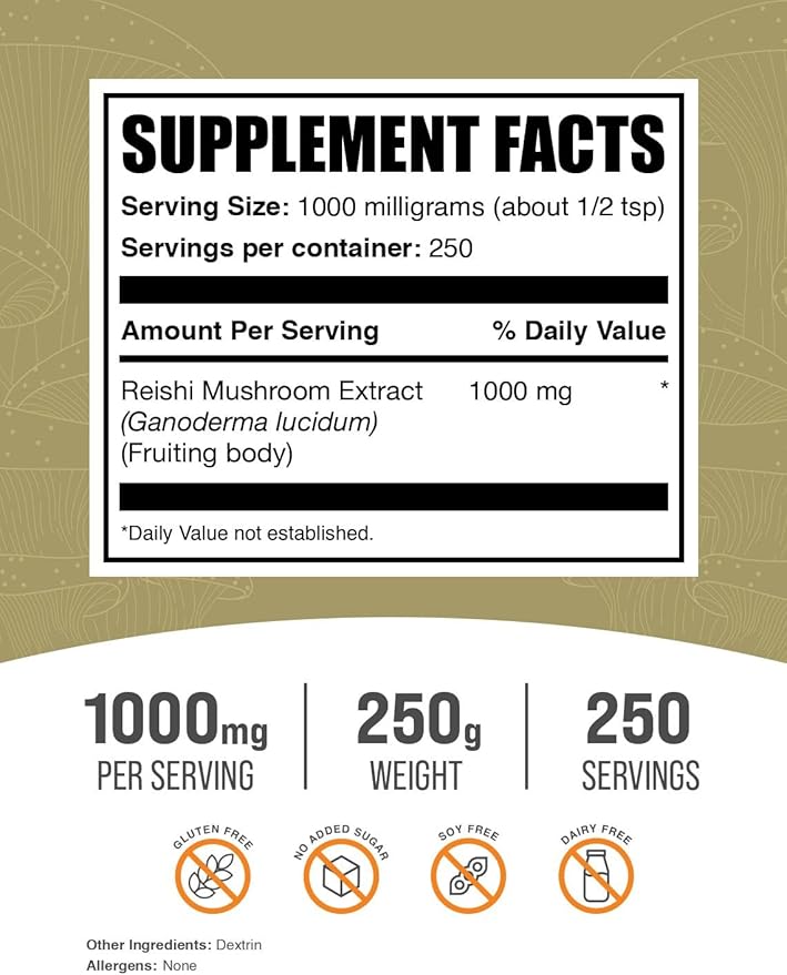 BulkSupplements.com Reishi Mushroom Extract Powder - Reishi Mushroom Powder, Supplement for Overall Well-Being - Gluten Free, 1g per Serving, 250g (8.8 oz) (Pack of 1)