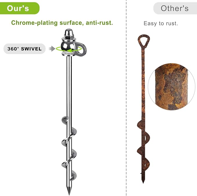 4 Pack Tent Stakes, 16 Inch Heavy Duty Ground Anchors, Full Welding, Easy to Screw in and Reusable, for Camping Tents, Trampolines, Sheds, Swing Sets, Securing Animals