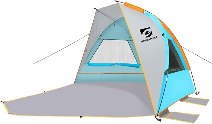 Beach Tent 2-3 Person Sun Shelter UPF 50+ with Extended Waterproof Pe Floor & 3 Mesh Roll Up Windows Fits, Portable Beach Shade Easy Setup for Outdoor Camping, Indoor, Fishing, Yard. (Blue)