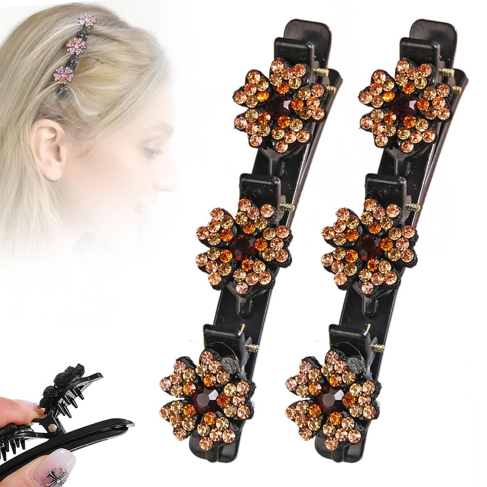 Sparkling Crystal Stone Braided Hair Clips - Women's & Girls Duckbill Clips, Short to Long Hair, Flower-C