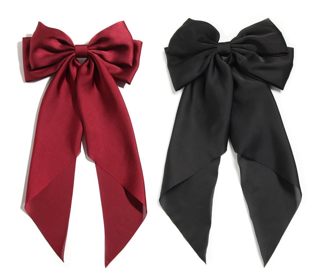 Susulu Women'S Satin Silk Bow Hair Accessories - Metal Clips With Long Tail Ribbon Hairpins And Ponytail Barrettes (2Pcs, Burgun