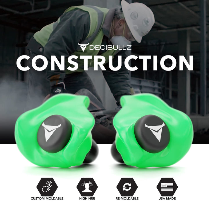 Decibullz - Custom Molded Earplugs, 31dB Highest NRR, Comfortable Hearing Protection for Shooting, Travel, Swimming, Work and Concerts (Green)