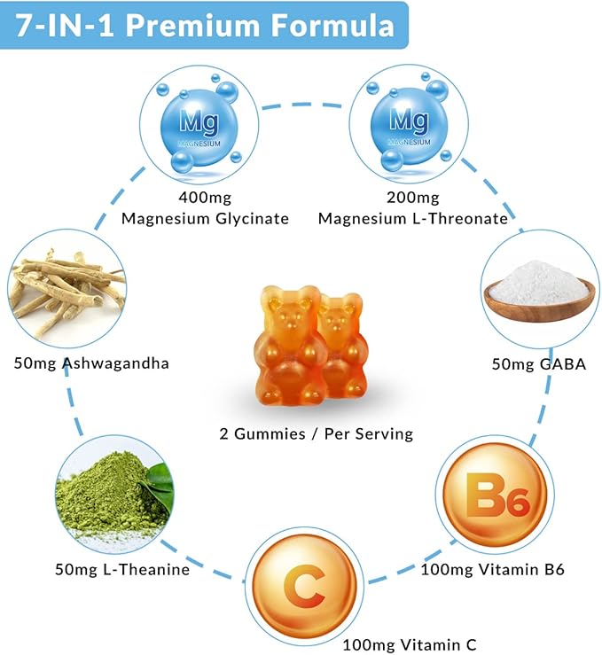 Sugar-Free Magnesium Glycinate Gummies 400mg with Magnesium L-Threonate 200mg, Magnesium Gummies for Women and Men with Ashwagandha, L-Theanine, GABA, Vitamin C, B6