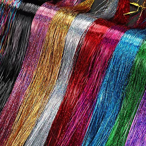 22 Colors 4400 Strands Hair Tinsel Strands Kit 47 Inches Sparkling Party Tinsel Hair Extensions Highlights Multi-Colors Synthetic Hair Streak Bling（22 color/set）