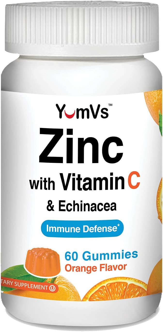 Zinc Vitamin C and Echinacea Gummies for Adults and Kids by YumVs | Chewable Gummy - Vegetarian, Halal, Kosher | Orange Flavor - 60 Count