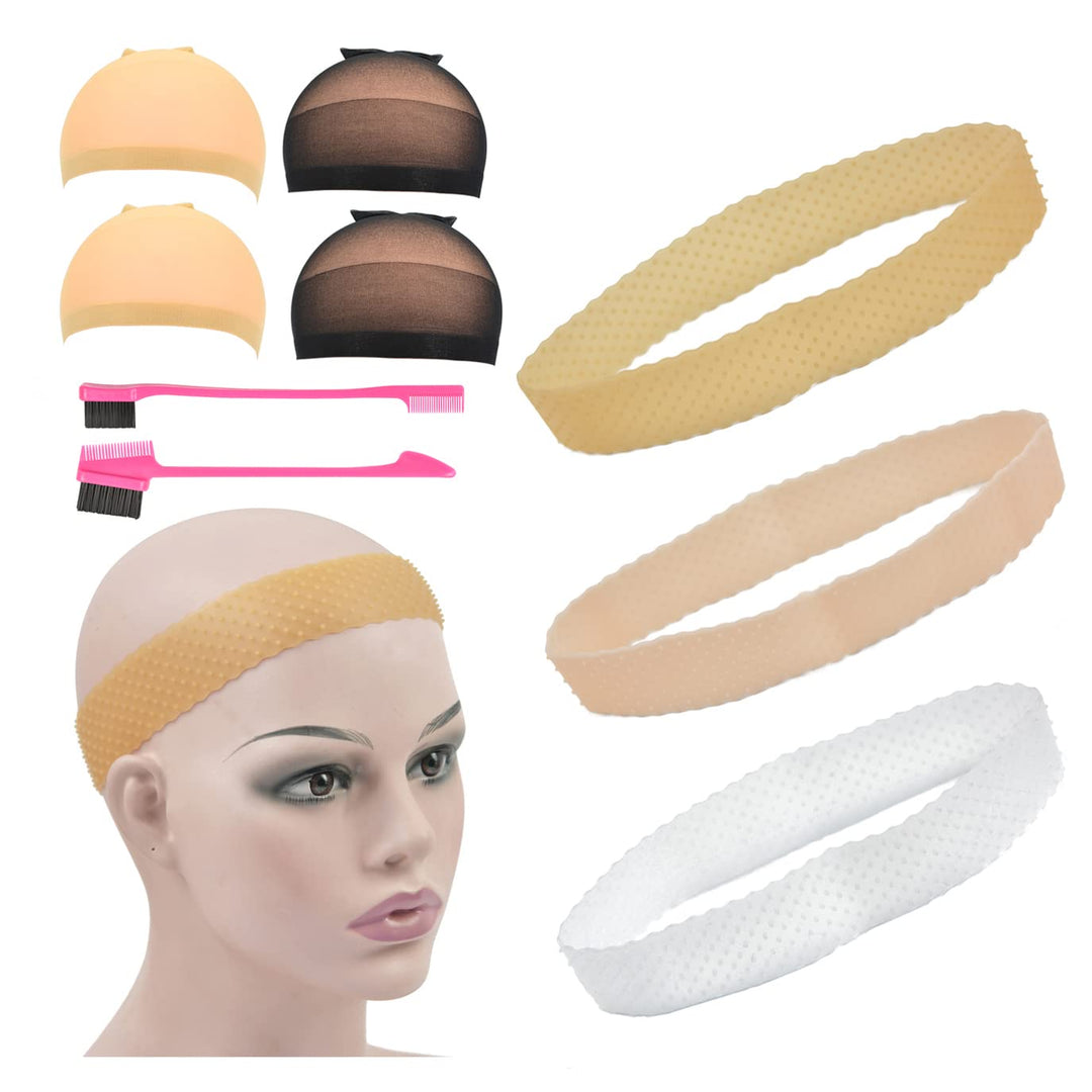 Ytbyt 3 Pcs Silicone Wig Grip Band Non-Slip Elastic Headbands 4 Pcs Wig Stocking Caps And 2 Pcs Hairbrush For Hold Wig (Mixing)