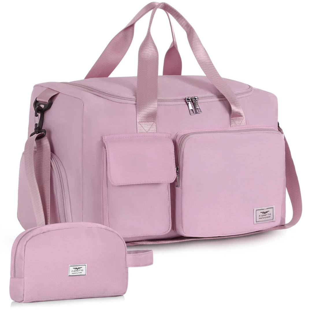 FIORETTO Women's Water-Resistant Gym Duffle Bag with Shoes Compartment, 37L Capacity, Multi-Functional, Ideal for Travel, Gym, Sports, Weekender, with Toiletry Bag, Pink