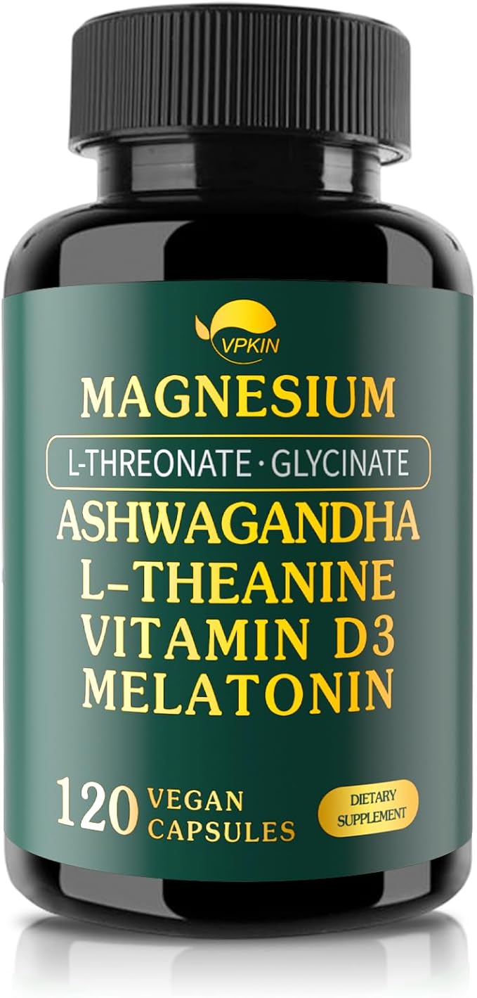 Magnesium Ashwagandha Supplement,Magnesium L-threonate & Glycinate,Melatonin,L-Theanine Plus Vitamin D3,Gluten Free,120 Capsules