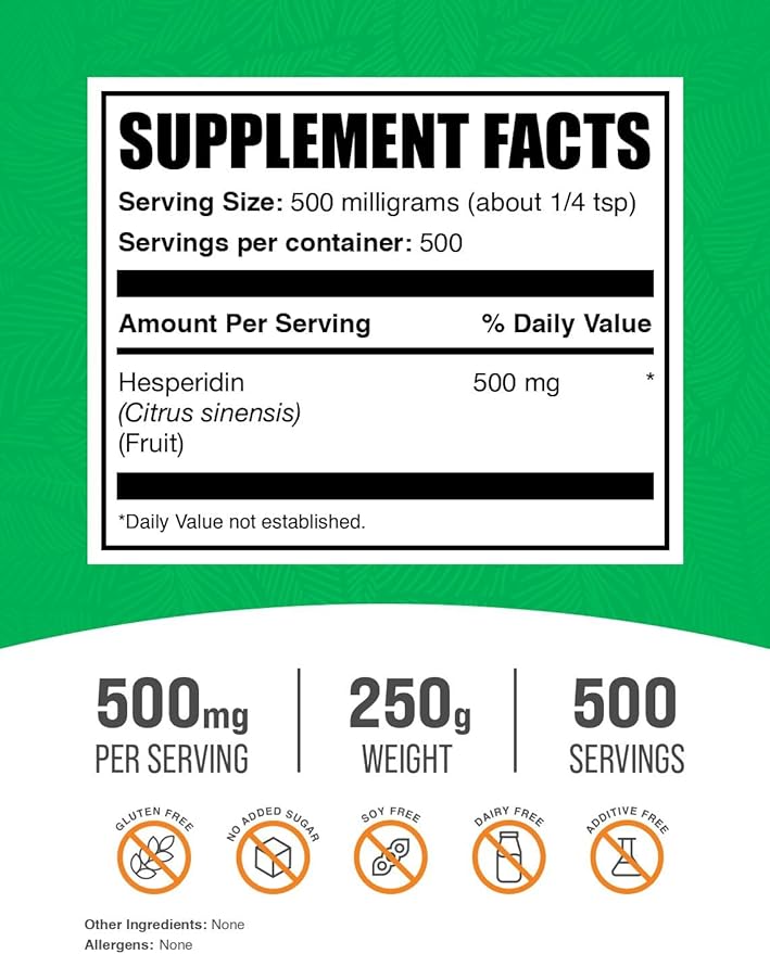 BulkSupplements.com Hesperidin Powder - Hesperidin Supplement, Hesperidin 500mg - Herbal Supplement, Vegan & Gluten Free, 500mg per Serving, 250g (8.8 oz) (Pack of 1)