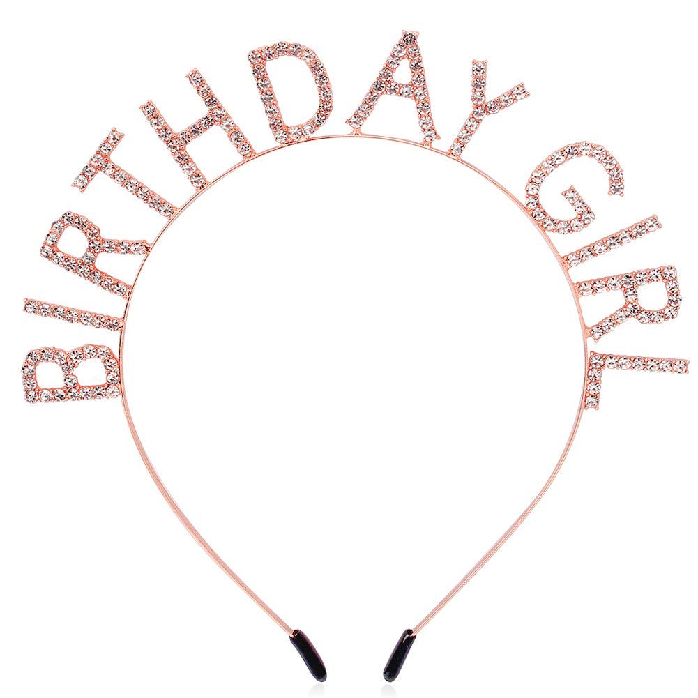 Aoprie Birthday Girl Headband Tiara For Women & Girls - Happy Birthday Princess Crown Rhinestone Accessory, Rose Gold