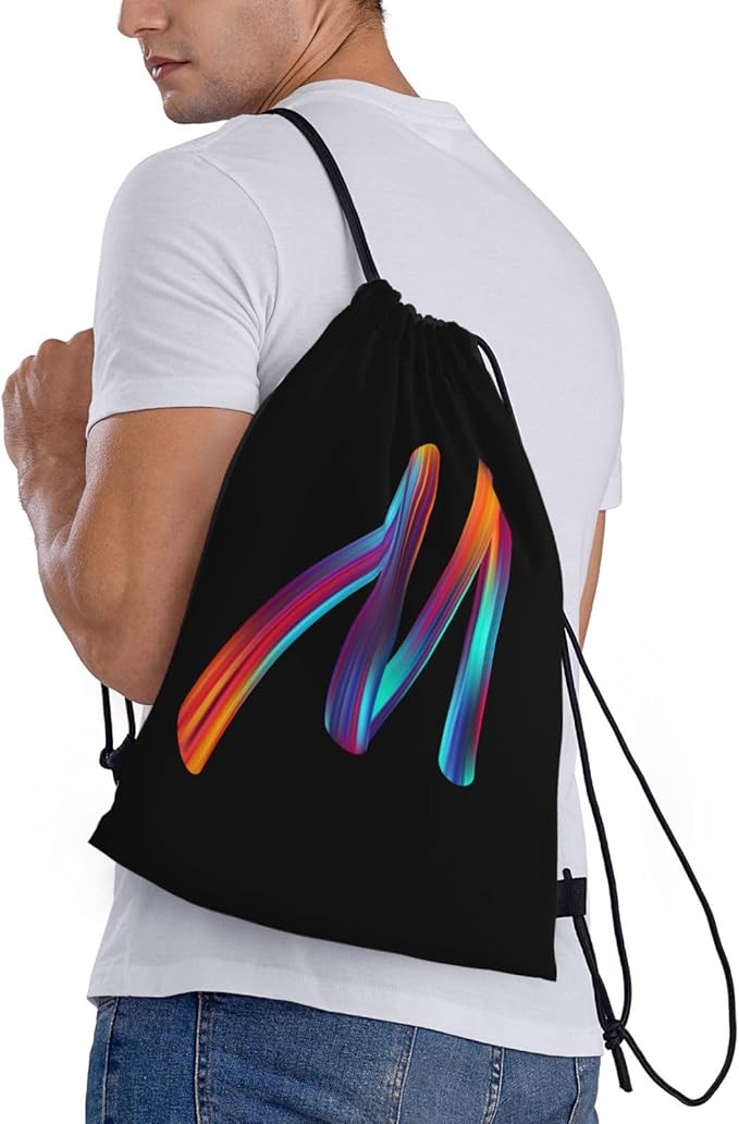 Drawstring Bags Initial Drawstring Backpack Sackpack Black Draw String Cinch Bags for Sports, Gym, Travel, Swimming, Beach, Camping, Rainbow Letter M