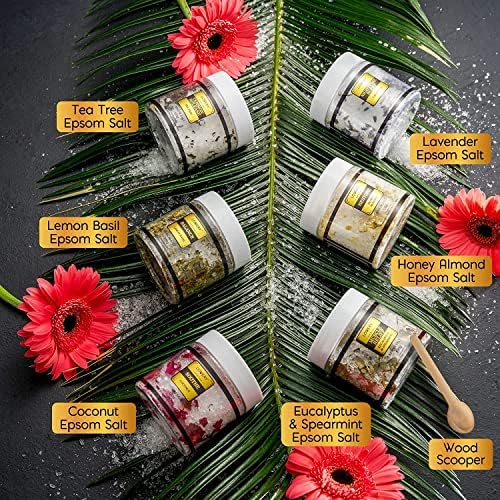 Spa Gifts for Women, Epsom Bath Salts Gift Basket Set, Relaxing Self Care Salt with Essential Oils, Gifts for Mom, Wife - Lavender, Eucalyptus, Lemon Basil, Coconut, Tea Tree, Honey Almond