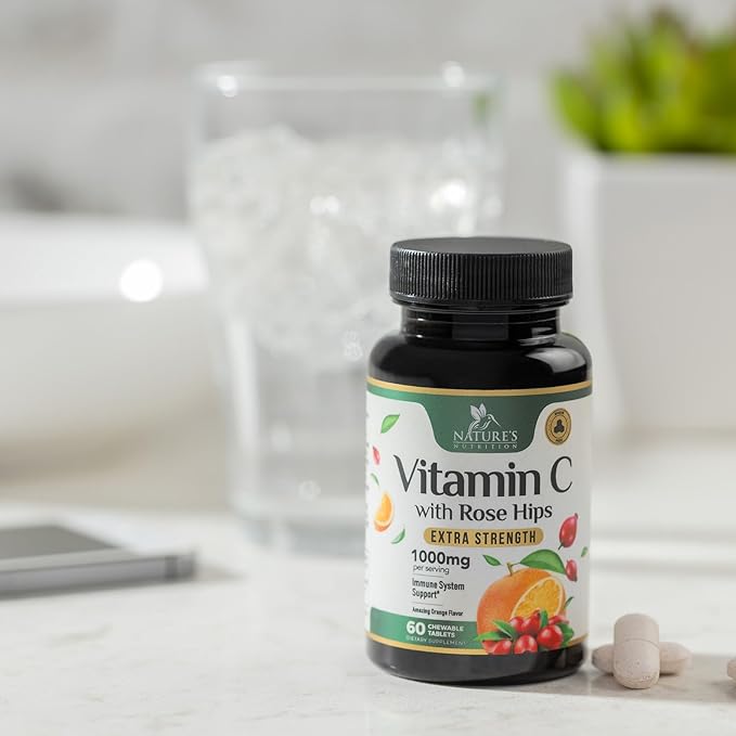 Chewable Vitamin C 1000mg - Extra Strength Antioxidants for Powerful Immune Support w/Vitamin C & Rose HIPS - Potent Dietary VIT C Chews Supplement, Natural, Vegan, Gluten-Free, Non-GMO - 60 Tablets