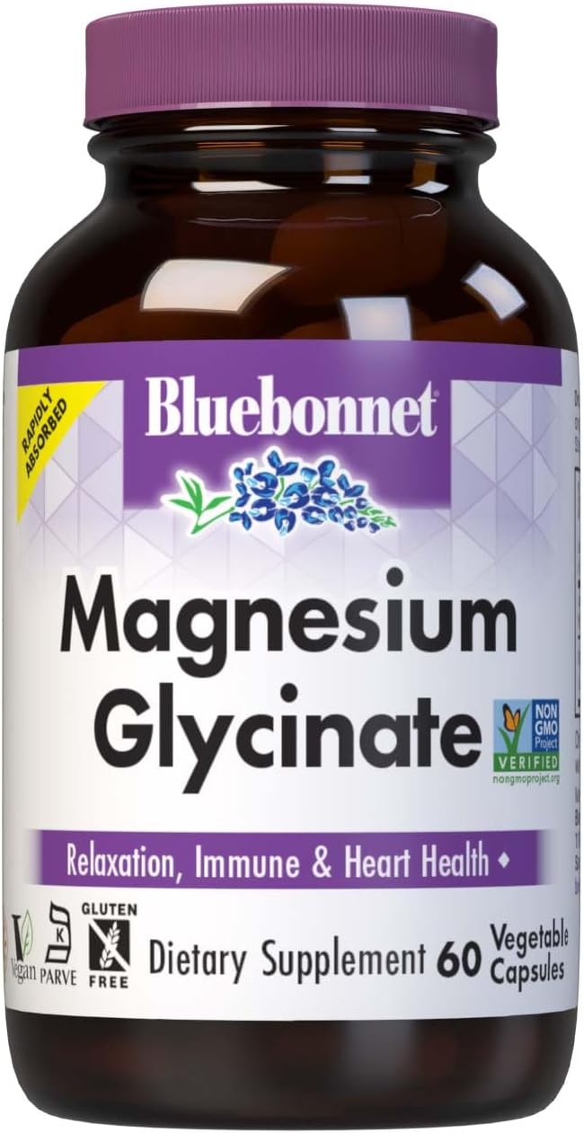 Bluebonnet Magnesium Glycinate, Energy Production*, Enzyme Function*, Non-GMO Certified by NSF, Vegan, Kosher Certified, Gluten-Free, Soy-Free, Dairy-Free, 60 Vegetable Capsules, 15 Servings