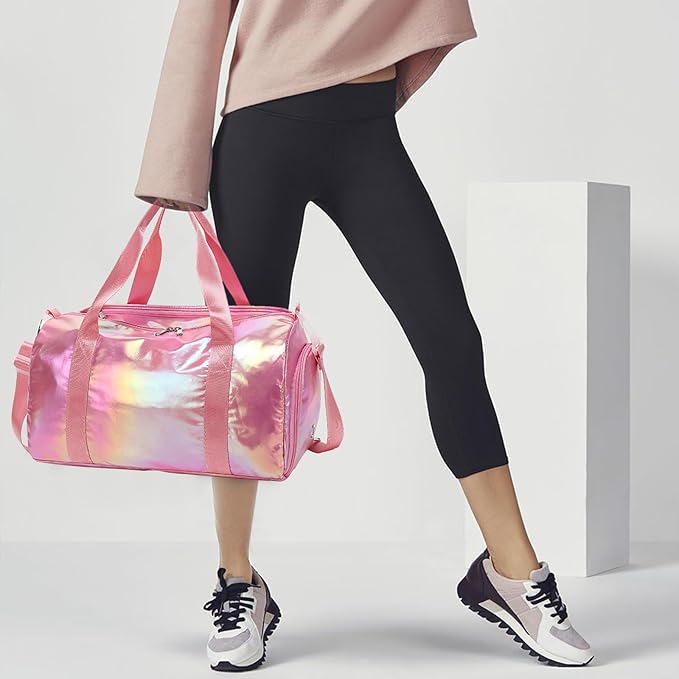 Gym Bag Sports Duffle Bag with Wet Pocket Weekender Overnight Bag with Waterproof Shoe Pouch and Air Hole for Girls Kids Women Travel Foldable Bag