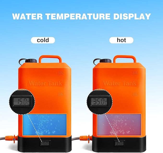 B. TAWD 4.5 Gallon Silicone Water Tank, Portable Camping Shower, USB Battery Charging, Solar Heating, with Shower Head, Electric Portable Outdoor Shower, Built-in Thermometer, Beach, Camping, Hiking